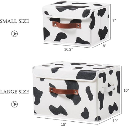 Storage Bin with Lid Cow Print Cute Fabric Storage Basket Box with Faux Leather Handles PP Plastic Board Foldable Washable Lidded Cotton Linen Closet Shelf Organizer Container (Large Size)