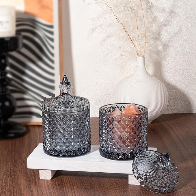 2 Pack Qtip Holder Thick Glass Apothecary Jars with Lid for Bathroom Decor Storage Organizer for Cotton Swabs, Balls, Pads, Floss Picks, Candy, Jewelry, Grey