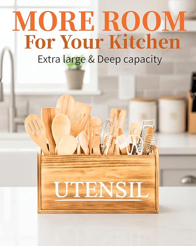Kitchen Utensil Holder Rustic Large Wooden Utensil Organizer Cooking Tools Storage (Farmhouse Wooden)