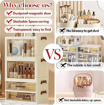 Makeup Organizer with Drawers & Compartments, Modular Stackable Cosmetic Skincare & Jewelry Storage Box, Vanity Organizer with Magnetic Closure for Bathroom, Office, Dorm
