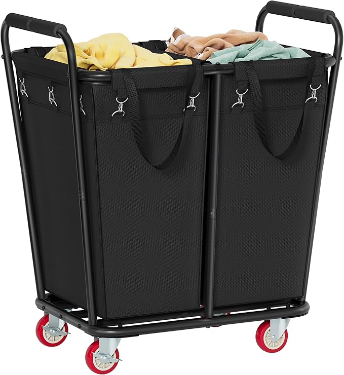 Hoctieon 2 Section Laundry Sorter Cart, 300L Rolling Hamper with Wheels, Industrial Laundry Basket Organizer, Large Dirty Clothes Hamper for Home & Hotel, Heavy Duty, Black