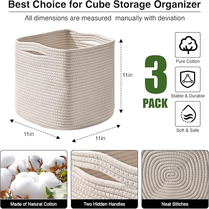 ICERZCZ 11 Inch Cube Storage Bins, Organizer Bins, Woven Cotton Rope Baskets for Storage, Storage Baskets for Organizing Shelves, White Basket for Toys, Off White (Pack of 3)