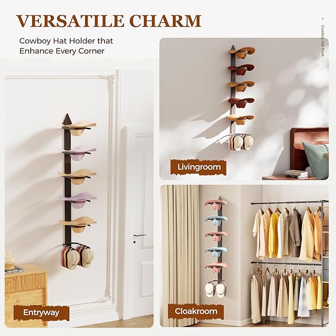 Cowboy Hat Rack for Wall, Cowboy Hat Holder Wall Mount Holds up to 6 Hats, Wooden Western Rustic Metal Hat-Organizer with Arrow Sign Board, Display and Decor Rack for Fedora, Sun Hats,Baseball Caps