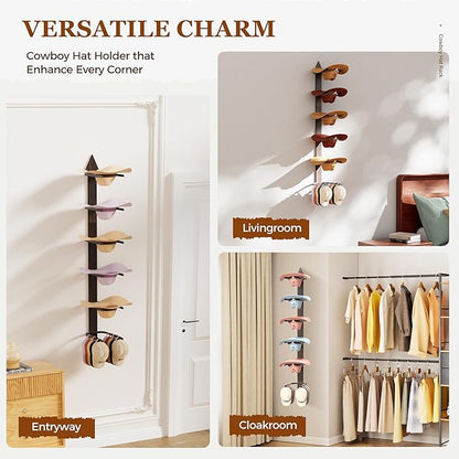 Cowboy Hat Rack for Wall, Cowboy Hat Holder Wall Mount Holds up to 6 Hats, Wooden Western Rustic Metal Hat-Organizer with Arrow Sign Board, Display and Decor Rack for Fedora, Sun Hats,Baseball Caps