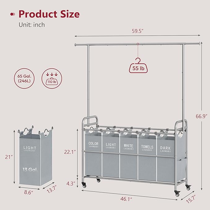 Tajsoon Laundry Hamper with Hanging Rack, 5 Section Laundry Sorter, Rolling Laundry Sorter Cart with Wheels and Hanging bar, Removable Basket Organizer for Bedroom, Bathroom, Grey