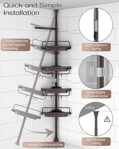 ALLZONE Corner Shower Caddy Tension Pole, Extendable Rustproof Stainless Steel Pole & 4-Tier Adjustable Shelves for Easy Drainage and Built-to-Last Stability, 34 to 116 Inches, Brown