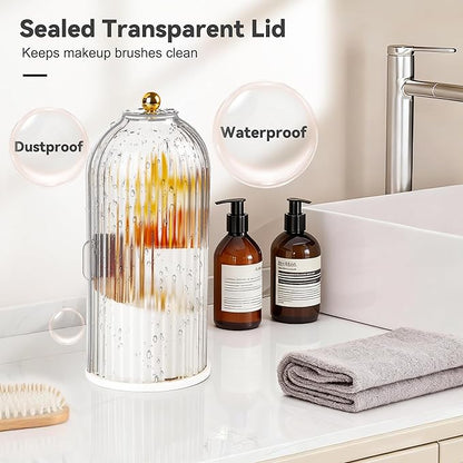 Hvygss 360° Rotating Makeup Brush Holder with Lid, Waterproof Three-Compartment Makeup Organizer, 180° Side-Pull Door Desk Organizer, Dustproof Brush Holder for Vanity and Bathroom (Transparent)