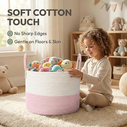 JMvicyroam 115L Extra Large Blanket Basket for Living Room - Woven Cotton Rope Laundry Hamper with Reinforced Handles - Storage Bin for Pillows, Comforters & Toys - Machine Washable,White&Pink