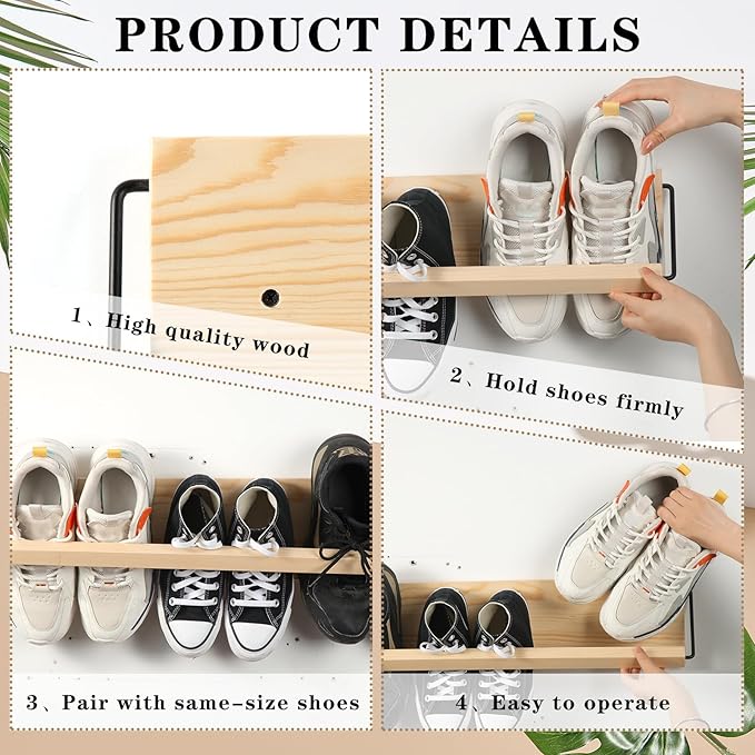 Mifoci 2 Pcs Wall Mounted Shoe Rack Organizer Wooden Modern Compact Wall Space Saving Shoe Holder Storage for Sneaker Footwear Slipper Boots Entryway Narrow Spaces Hallway(28.35'' Long)