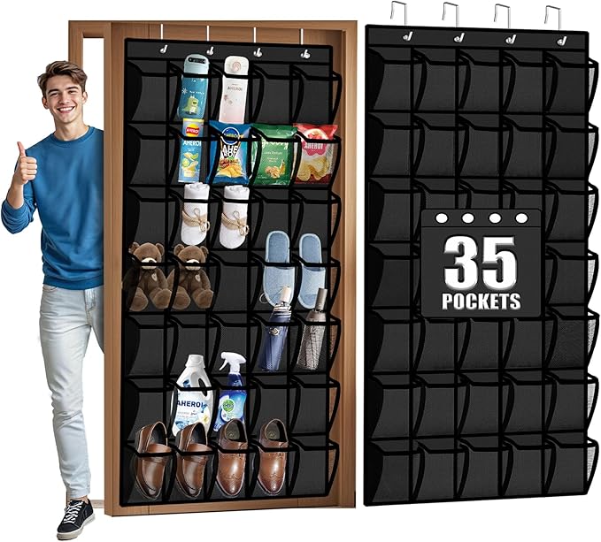 Aheroi 35 Pockets Large Over the Door Organizer, Breathable Mesh Pockets Hanging Shoe Organizer, Black Door Shoe Organizer Mesh Closet Shoe Holder Hanger Holds Up to 40 lbs, Space Saving Shoe Rack