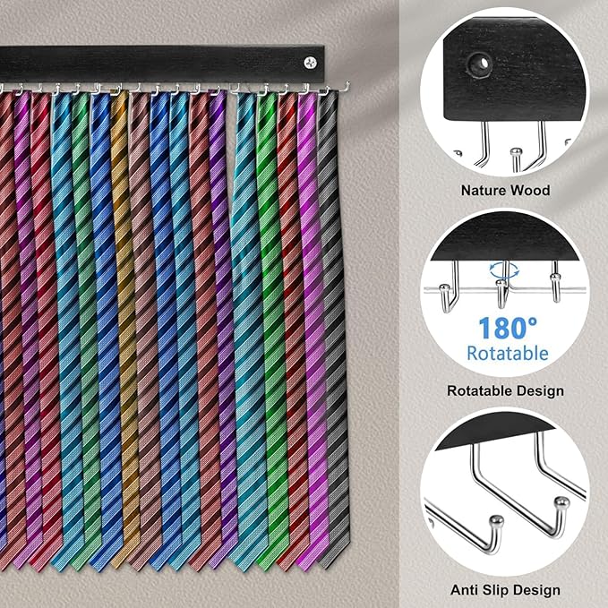 Tie Rack Hanger for Closet, Tie Rack, 14" Wall Mounted Belt Hanger with 20 Rotating Hooks, Hats Scarf Belt Organizer for Closet - Organizer for Men