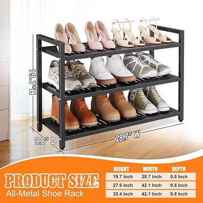 3-Tier Heavy Duty Metal Shoe Rack, 200 lbs Load Capacity Shoe Organizer with Reinforced Steel Tubes, No-Wobble Free Standing Shoe Shelf for Entryway, Closet, Bedroom, Dorm – Easy Assembly, Black