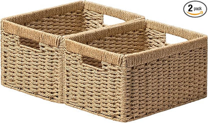 joybest Medium Wicker Baskets for Shelves, 13.4L x 8.3W x 7.1H inch Hand-woven Storage Baskets for Pantry Organizing, Foldable Rectangular Bin with Handles, 2-pack, Natural