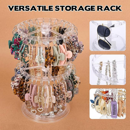 2-Tier Acrylic Claw Clip Organizer Rack with Tray, Large Rotatable Capacity Hair Claw Clips Holder for Bathroom Bedroom, Durable Clear Hair Accessories Organizer Storage with 48 Metal Rings