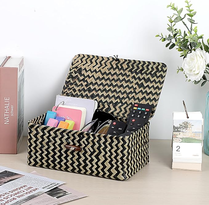 Hipiwe Seagrass Storage Baskets with Lid Woven Wicker Storage Bins for Organizing Natural Rectangular Home Organizer for Bedside Living Room Entryway Table,10.2" x 6.3" x 3.9"