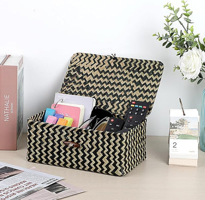 Hipiwe Seagrass Storage Baskets with Lid Woven Wicker Storage Bins for Organizing Natural Rectangular Home Organizer for Bedside Living Room Entryway Table,10.2" x 6.3" x 3.9"