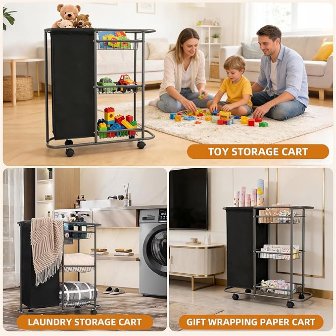 Rolling Laundry Cart with Wheels: 3-Tier Laundry Caddy Between Washer and Dryer - Heavy Duty Wrapping Paper Cart with 45L Bag for Narrow Space Laundry Room Bathroom Bedroom Black