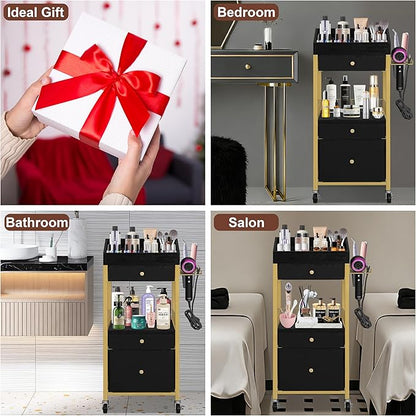 Makeup Organizer Cart with 3 Drawers, Rolling Vanity Organizer with Detachable Hair Tool Holder & Wheels, Floor Makeup Storage Cart for Skincare, Perfume, Nail Polish, Gold & Black