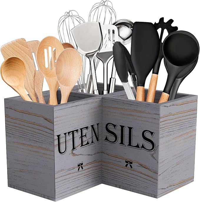 Suli Extra Large Kitchen Utensils Holder with 3 Compartments,Corner Shelf,Wooden Utensil Organizer for Kitchen Countertop, Farmhouse Decor, Rustic Cooking Utensil - Grey grain