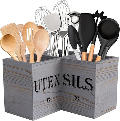 Suli Extra Large Kitchen Utensils Holder with 3 Compartments,Corner Shelf,Wooden Utensil Organizer for Kitchen Countertop, Farmhouse Decor, Rustic Cooking Utensil - Grey grain
