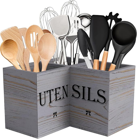 Suli Extra Large Kitchen Utensils Holder with 3 Compartments,Corner Shelf,Wooden Utensil Organizer for Kitchen Countertop, Farmhouse Decor, Rustic Cooking Utensil - Grey grain