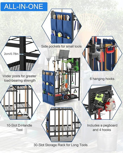 Garden Tool Organizer with Pegboard, Yard Tool Holder Standing for Garage Organization, Up to 30 Long-Handled/10 D-Handled Tools/Rake/Broom/Shovel/, with Side Storage Pocket