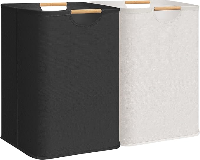 STORAGE MANIAC 2-Pack Large Laundry Hamper, 100L (26.4 Gal) Collapsible Laundry Basket with Bamboo Handles, Freestanding Waterproof Clothes Hamper for Bedroom, Dorm, Towels, Toys, Black+White