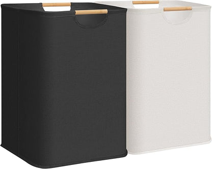 STORAGE MANIAC 2-Pack Large Laundry Hamper, 100L (26.4 Gal) Collapsible Laundry Basket with Bamboo Handles, Freestanding Waterproof Clothes Hamper for Bedroom, Dorm, Towels, Toys, Black+White