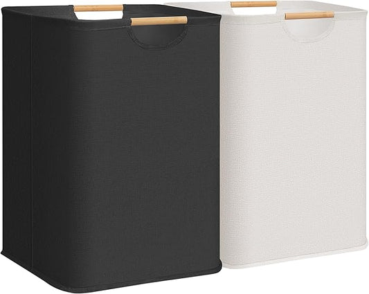STORAGE MANIAC 2-Pack Large Laundry Hamper, 100L (26.4 Gal) Collapsible Laundry Basket with Bamboo Handles, Freestanding Waterproof Clothes Hamper for Bedroom, Dorm, Towels, Toys, Black+White