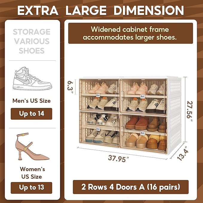 ANTBOX Foldable Shoe Rack Cabinet with Clear Doors, Extra Large Shoe Organizer for Entryway & Closet, Portable Dust-Free Storage Shelf Holds 16 Pairs (X-Large 16 Pairs)