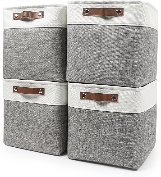 Bagnizer 13x13 Cube Storage Bins, Collapsible Fabric Storage Box, 4 Pack Closet Baskets with Handles for Organizing, Shelf, Toys, Clothes, Home, Office, Nursery (Grey&White)