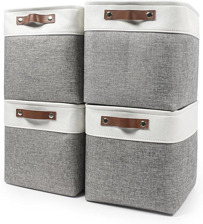 Bagnizer 13x13 Cube Storage Bins, Collapsible Fabric Storage Box, 4 Pack Closet Baskets with Handles for Organizing, Shelf, Toys, Clothes, Home, Office, Nursery (Grey&White)