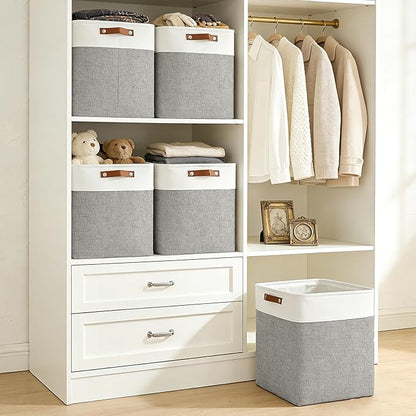 Bagnizer Large Fabric Storage Baskets | 50L Storage Bins, Decorative Linen Closet Baskets with Handles for Organizing, Shelf, Toys, Clothes, Home, Office, Nursery, 17x12x15Inches (Grey&White)