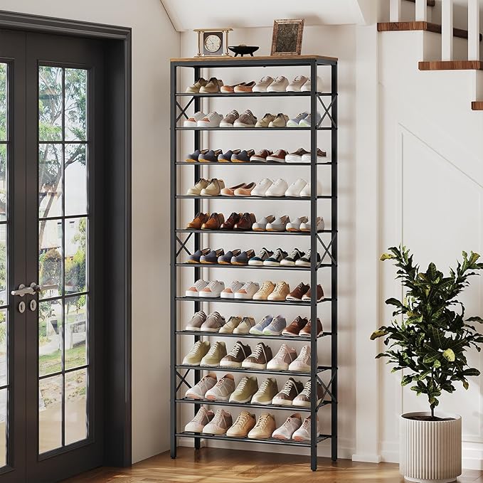 YATINEY 12 Tier Shoe Rack, Large Capacity Shoe Storage Organizer Holds 48 Pairs, Sturdy and Stable, for Entryway, Hallway, Closet, Dorm Room, Rustic Brown SS12BR