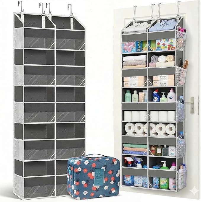 Dual Column Over the Door Organizer with Toiletry Bag - 5 Self Hanging Organizer with 10 Compartments - Heavy Duty Behind the Door Storage for Bedroom, Bathroom, Pantry, Nursery (Grey)