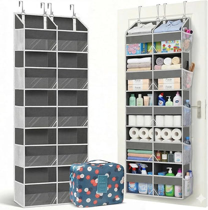 Dual Column Over the Door Organizer with Toiletry Bag - 5 Self Hanging Organizer with 10 Compartments - Heavy Duty Behind the Door Storage for Bedroom, Bathroom, Pantry, Nursery (Grey)