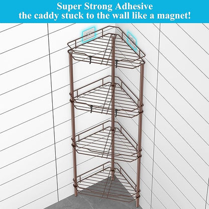 HuggieGems 4 Tier Floor Standing Corner Shower Caddy Organizer Shelf with Hooks, Bathroom Shelves Stand Rack, Coffee