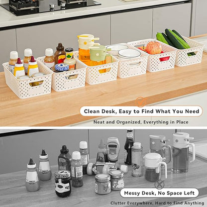12 Pack Plastic Storage Baskets for Organizing, Storage Baskets for Shelves with Handles, Small Storage Bins with Labels, Organizer Baskets for Cabinet,Closet, Office