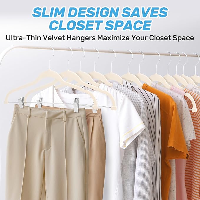 Sishynio Velvet Pants Hangers 20 Pack with Adjustable Clips, Space-Saving Slim Felt Clothes Hangers, Heavy Duty & Non-Slip Flocked Hangers for Pants, Skirts, Dresses and Jeans(Beige)