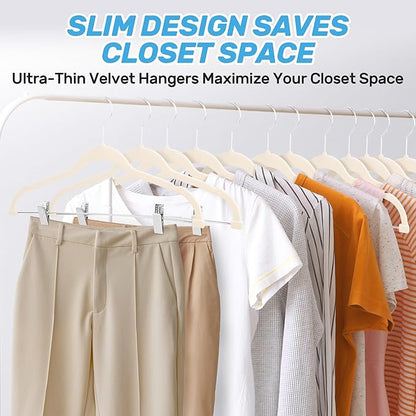 Sishynio Velvet Pants Hangers 20 Pack with Adjustable Clips, Space-Saving Slim Felt Clothes Hangers, Heavy Duty & Non-Slip Flocked Hangers for Pants, Skirts, Dresses and Jeans(Beige)