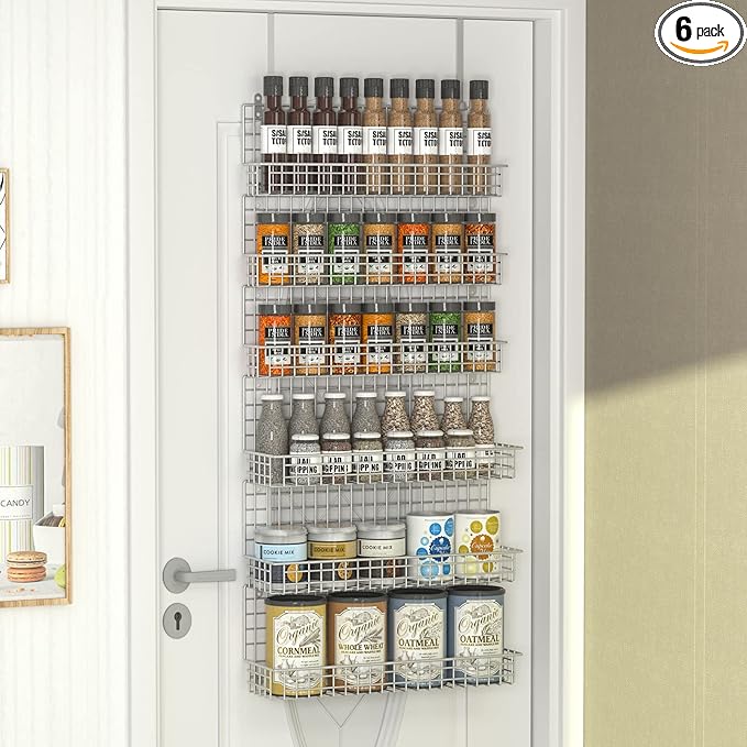 JKsmart Spice Rack Organizer 6-Tier Wall Mounted & Over the Door Spice Racks for Kitchen Pantry Bathroom,Two Size, Large Capacity, Silver