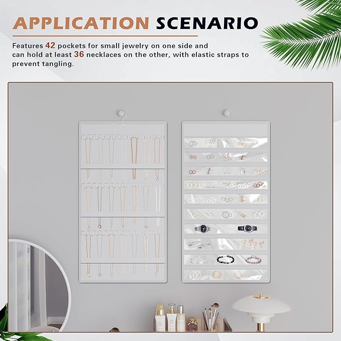 Hanging Jewelry Organizer Storage Roll, Double-Sided Necklaces Holder, 42 Pockets Plus 36 hooks Earrings Organizer Hang in Closet, On Wall, or Doors, White