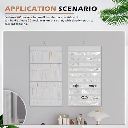 Hanging Jewelry Organizer Storage Roll, Double-Sided Necklaces Holder, 42 Pockets Plus 36 hooks Earrings Organizer Hang in Closet, On Wall, or Doors, White