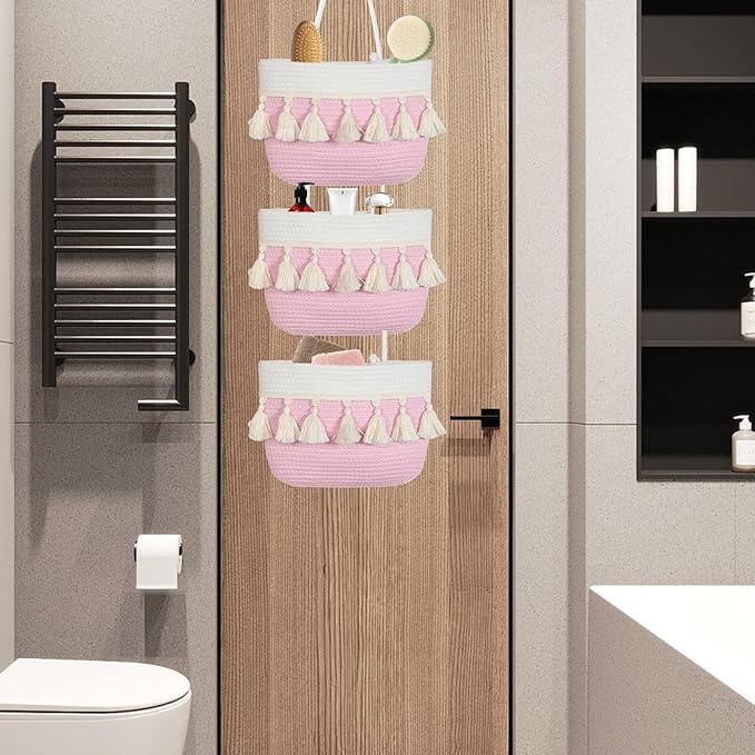 Over the Door Organizer Nursery - Cotton Boho Decor 3 Tier Wall Hanging Basket, Decorative Hanging Storage Organizer for Nursery Bathroom Bedroom Laundry Dorm Kitchen
