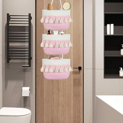 Over the Door Organizer Nursery - Cotton Boho Decor 3 Tier Wall Hanging Basket, Decorative Hanging Storage Organizer for Nursery Bathroom Bedroom Laundry Dorm Kitchen