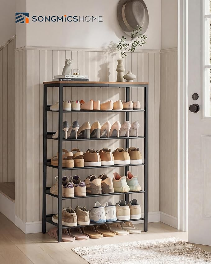 SONGMICS HOME 6 Tier Shoe Storage Organizer, Freestanding Shoe Rack, Dense Mesh, for Living Room, Bedroom, Entryway, Rustic Brown and Black
