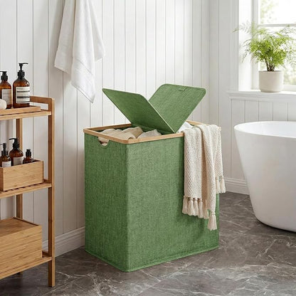 efluky Laundry Hamper with Lid, Double Laundry Basket with 2 Removable Bags, 2 Section Laundry Bin with Bamboo Handles for Bathroom, Bedroom & Laundry Room, 140L (36.9 Gallon) Sage Green