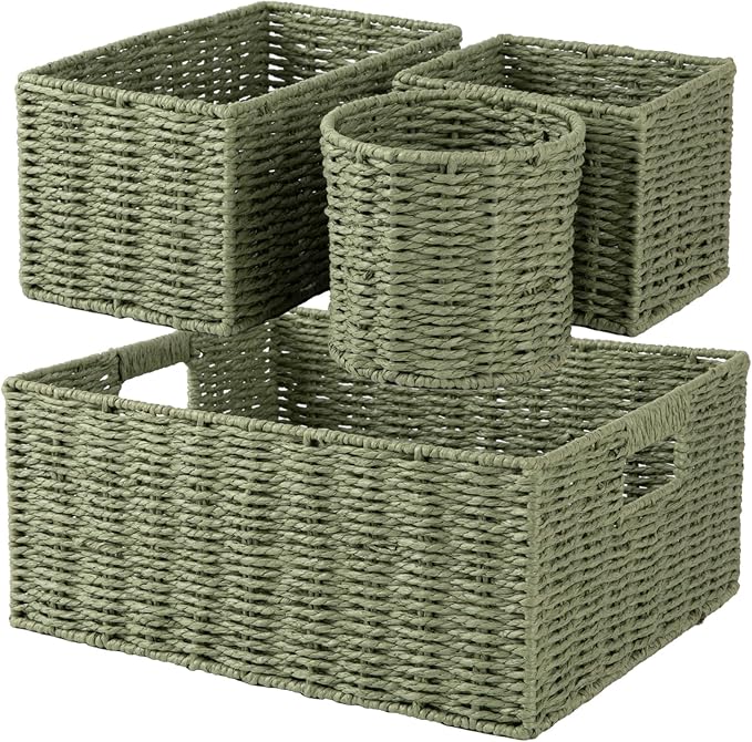 OIAHOMY Wicker Baskets for Organizing, Large and Small Shelf Baskets Set, Handwoven Bins for Storage,Paper Rope Home Organizers, Set of 4-Green