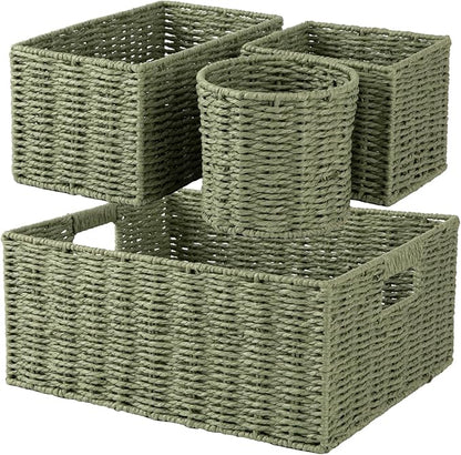 OIAHOMY Wicker Baskets for Organizing, Large and Small Shelf Baskets Set, Handwoven Bins for Storage,Paper Rope Home Organizers, Set of 4-Green