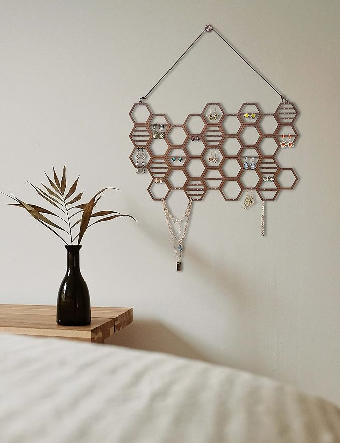 Heesch Honeycomb Earring Organizer Wall Mount Display Wood Hanging Jewelry Organizer for Stud Earrings, Necklaces (Walnut)